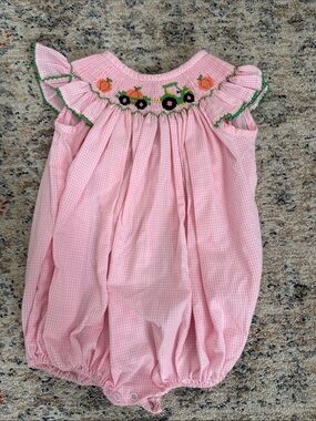 Southern Smocked Co. Pink Gingham Pumpkin & Tractor Bubble- Size 12mos.